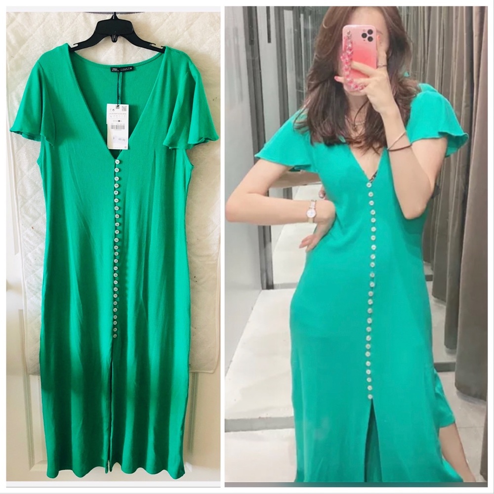 NWT ZARA AW21 GREEN RIBBED DRESS WITH BUTTONS